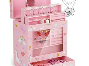 efubaby Jewelry Box for Girls Musical Jewelry Box for Teenage Girls with 3 Drawers & Unicorn Jewelry Set Birthday Gifts for Teenage Girls Kids Window Jewelry Storage Organizer Christmas Gifts Pink