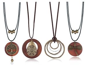 Jslohas 4Pcs Long Wooden Pendant Necklaces for Women Handmade Brown Sweater Necklace Set Bohemian Vintage Chunky Necklace Dragonfly Tree of Life Layered Necklace Women Fashion Jewelry
