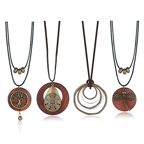 Jslohas 4Pcs Long Wooden Pendant Necklaces for Women Handmade Brown Sweater Necklace Set Bohemian Vintage Chunky Necklace Dragonfly Tree of Life Layered Necklace Women Fashion Jewelry Jslohas 4Pcs Long Wooden Pendant Necklaces for Women Handmade Brown Sweater Necklace Set Bohemian Vintage Chunky Necklace Dragonfly Tree of Life Layered Necklace Women Fashion Jewelry