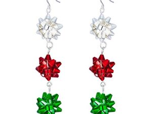 Christmas Bows Flower Piercing Dangle Earrings Red Green White Silver Plated Women Girls Holiday