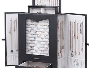 Homde Jewelry Organizer with Real Glass Window Necklace Hooks Gift for Women Jewelry Box Display Case for Necklaces Rings Earrings Bracelets and Other Jewelry Accessories (Black)