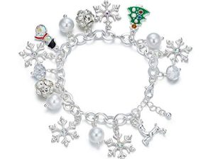 Cute Christmas Charm Bracelet Silver Plated Snowflake Xmas Tree Reindeer Snowman Faux Pearl CZ Bling Beads Chain Link Adjustable Holiday For Women Girls