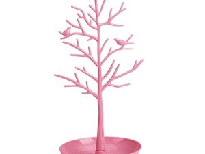ChezMax Jewelry Display Necklace Earring Organizer Holder Plastic Birds Tree Stand with Tray Antique Bracelet Rings Rack Tower Decoration for Women Girl Pink 11.8 Inch