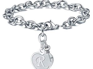 M MOOHAM Heart Initial Bracelets for Women Gifts - Engraved 26 Letters Initial Charms Bracelet Stainless Steel Bracelet Birthday Christmas Jewelry Gift for Women Teen Girls