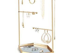 Jewelry Organizer with Mirror Tray | Premium Quality Metal | Sparkling Decorative Earring Holder Stand Tower | Elegant Gift Women | Bracelets
