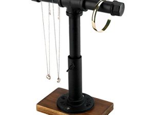 MyGift Industrial Pipe Black Metal T-Bar Jewelry Bracelet & Necklace Adjustable Height Display Stand with Brown Wood Base