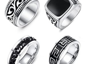 Jstyle 4Pcs Stainless Steel Signet Biker Rings Set Cuban Chain Spinner Ring Silver Gold Vintage Celtic Knot Band Rings Beveled Polished Edge Comfort Fit
