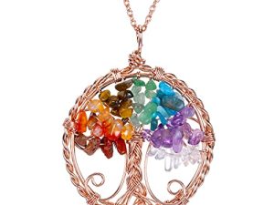 Top Plaza 7 Chakra Healing Crystal Necklace Tree of Life Wire Wrapped Pendant Necklaces Reiki Stone Gemstone Quartz Jewelry for Womens Girls