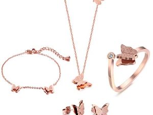 VNOX Womens Stainless Steel Cubic Zirconia Butterfly Matte Finish Adjustable Cuff Engagement Ring/Neckalce/Bracelet/Earrings
