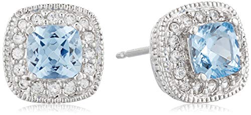 Amazon Collection Sterling Silver Cushion Cut Birthstone and Created White Sapphire Halo Stud Earrings Amazon Collection Sterling Silver Cushion Cut Birthstone and Created White Sapphire Halo Stud Earrings