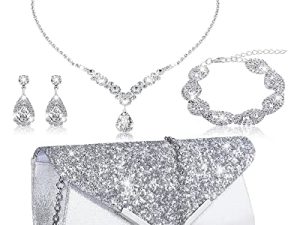 4 Pcs Women Rhinestone Jewelry Sets for Women Wedding Silver Jewelry Set Rhinestone Earrings Necklace Bracelet Evening Bag Handbag Clutch Silver Purses for Women Evening Party