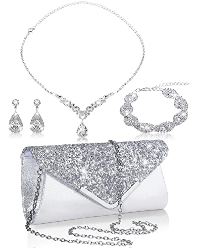 4 Pcs Women Rhinestone Jewelry Sets for Women Wedding Silver Jewelry Set Rhinestone Earrings Necklace Bracelet Evening Bag Handbag Clutch Silver Purses for Women Evening Party 4 Pcs Women Rhinestone Jewelry Sets for Women Wedding Silver Jewelry Set Rhinestone Earrings Necklace Bracelet Evening Bag Handbag Clutch Silver Purses for Women Evening Party