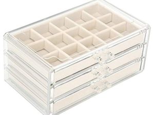 FEISCON Acrylic Jewelry Organizer Makeup Cosmetic Storage Organizer Box Clear Jewelry Case with 3 Drawers Adjustable Jewelry Box Velvet Trays Grid Size