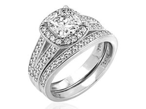 Amazon Collection Platinum-Plated Sterling Silver Infinite Elements Zirconia Cushion Halo Ring Set
