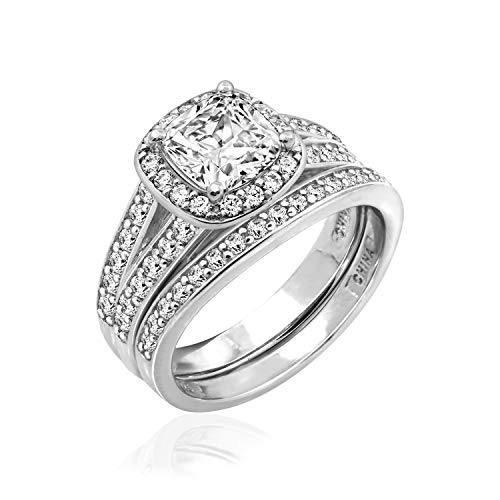 Amazon Collection Platinum-Plated Sterling Silver Infinite Elements Zirconia Cushion Halo Ring Set Amazon Collection Platinum-Plated Sterling Silver Infinite Elements Zirconia Cushion Halo Ring Set