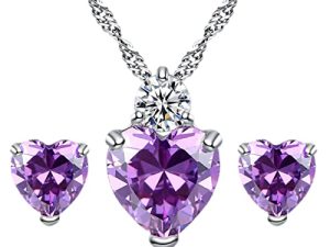 Jeolory Shiny Fashion Crystal Rhinestone Love Heart Pendent Necklace Stud Earrings Jewelry Set for Women Lady Girl (Light Purple)