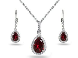 Sterling Silver Genuine or Simulated Gemstone Teardrop Dangling Necklace & Leverback Drop Dangle Earrings Jewelry Set for Women with Gift Box