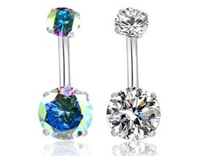 HQLA 14G Belly Button Rings Surgical Stainless Steel Round Cubic Zirconia Navel Barbell Stud Body Piercing