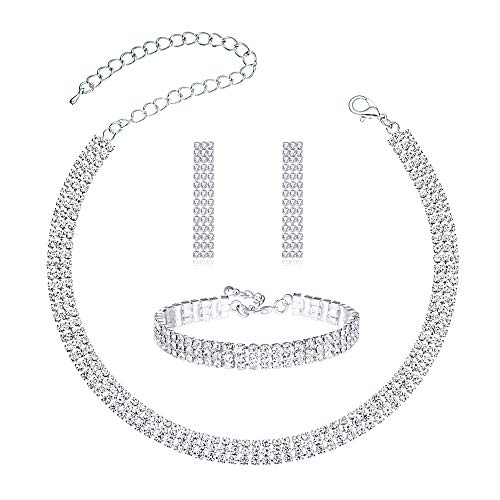 3/4 Pieces Women Jewelry Set Rhinestone Crystal Bride Statement Choker Necklace Tiara Crown Link Bangle Bracelet Teardrop Dangle Earrings Set for Wedding Party 3/4 Pieces Women Jewelry Set Rhinestone Crystal Bride Statement Choker Necklace Tiara Crown Link Bangle Bracelet Teardrop Dangle Earrings Set for Wedding Party