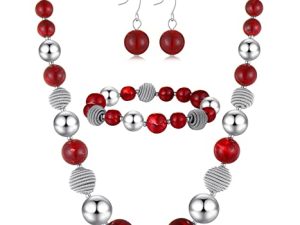 Beaded Chunky Statement Necklace Earring and Bracelet Set Silver Metal Bead Fashion Jewelry Set Mothers’ Day Gifts for Women