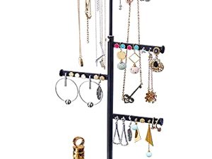Keebofly Jewelry Tree Stand Organizer - Metal Necklace Organizer Display with Adjustable Height for Necklaces Bracelet Earrings and Ring Black