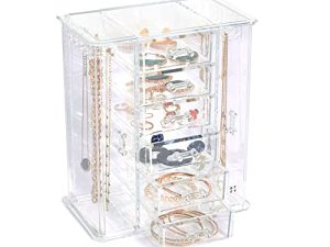 Beautify Clear Acrylic Jewelry Organizer Chest/Makeup Storage Box with 6 Drawers & Hanging Necklace Holder - Clear