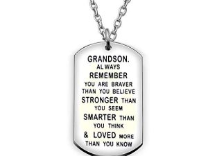 AGR8T Grandson Pendant Necklace Birthday Dog Tag Gifts for Men Boy You Are Braver Stronger Smarter Than You Think