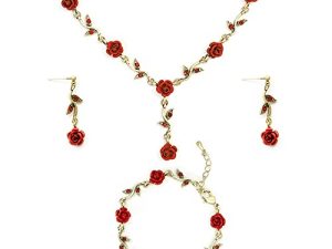 3 PCS 18 Gold Necklace Long Necklace For Women Girls Gold Rose Pendent Bracelet Flower Jewelry Dangle Earrings Xlqzsok Set For Birthday Party Wedding Mother’s Day Gifts