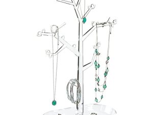 mDesign Decorative Plastic Fashion Jewelry Accessory Organizer Tower with Hooks and Storage Tray - Holds and Displays Necklaces