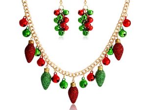 YAHPERN Christmas Necklaces for Women Girls X-Mas Jingle Bell Light Bulbs Chunky Collar Necklaces Jingle Bell Drop Dangle Earrings Set