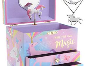 Jewelkeeper Cotton Candy Unicorn Music Box & Little Girls Jewelry Set - 3 Unicorn Gifts for Girls