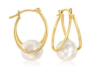 Ross-Simons 8-9mm Cultured Pearl Double-Hoop Earrings in 14kt Yellow Gold. 3/4