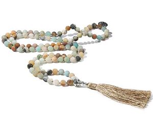 BALIBALI 108 Mala Beads Necklace Semi-Precious Gem Stones Meditation Necklace 108 Hand Knotted Japa Mala Beaded Tassel Necklace with Tree of Life Pendant