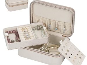 Travel Jewelry Box Organizer Plush Velvet Small Jewelry Organizer Travel Mini Storage Organizer Portable Jewellery Case Boxes for Women Girls Gift/cream colored