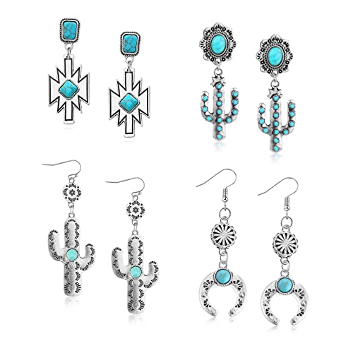 4 pairs Western National Style Vintage earrings set Turquoise Stone cactus Western Cowboy earrings for Women and Girls 4 pairs Western National Style Vintage earrings set Turquoise Stone cactus Western Cowboy earrings for Women and Girls