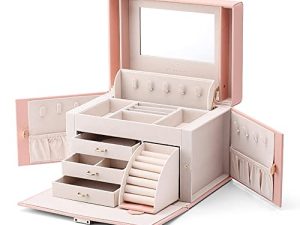 Vlando Mirrored Jewelry Box Organizer for Girls Women Vintage Gift Case - Faux Leather Jewelries Storage Display Holder