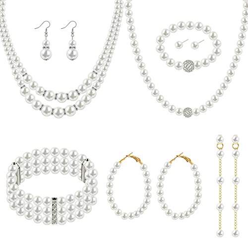 8 Pcs Pearl Necklace Pearl Earrings Pearl Bracelet Set 1920s Simulated Pearls Accessories Wedding Pearl Jewelry Set Christmas Gift for Women Mom Wife 8 Pcs Pearl Necklace Pearl Earrings Pearl Bracelet Set 1920s Simulated Pearls Accessories Wedding Pearl Jewelry Set Christmas Gift for Women Mom Wife