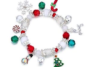 RareLove Christmas Snowflake Charm Beaded Bracelet Stretch Strand Elastic Crystal Silver Tone Dangle Xmas Tree Reindeer Women Girls
