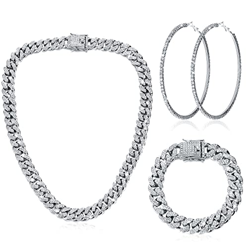 Cuban Link Chain Necklace Bracelet Rhinestone Hoop Earrings Set Bling Necklace Bracelet Crystal Big Circle Earrings for Girls (Rose Gold Cuban Link Chain Necklace Bracelet Rhinestone Hoop Earrings Set Bling Necklace Bracelet Crystal Big Circle Earrings for Girls (Rose Gold
