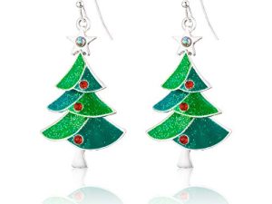 RareLove Green Christmas Tree with Star Red Rhinestone Pierced Dangle Earrings CZ Crystal Silver Plated Alloy Holiday For Women Girls