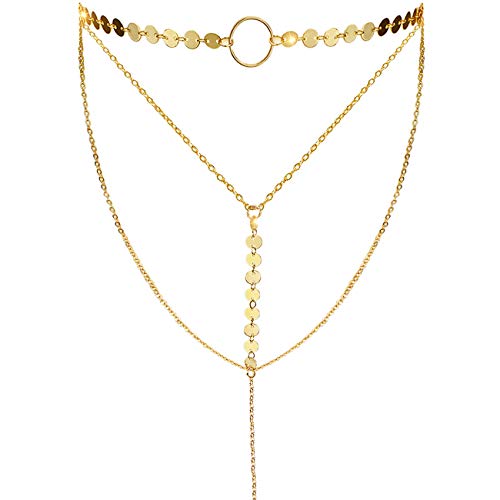 Suyi Stylish Layered Sequins Choker Necklace with Thin Long Chain Pendant for Women Lady Girl Suyi Stylish Layered Sequins Choker Necklace with Thin Long Chain Pendant for Women Lady Girl