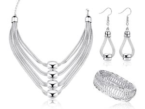 JOERICA 3Pcs Multi-Layer Bib Necklace Jewelry Set for Women Choker Necklace Stretch Cuff Bracelet Dangle Earrings Halloween Costume jewelry Set