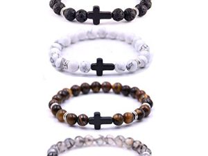 SOFTONES 4PCS Cross Beads Bracelet for Men Women 8mm Healing Lava Stone Stretch Bracelets