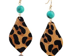 ZSMJYJ Genuine Leather Teardrop Earrings Handmade Lightweight Leopard Dangle Leaf Earring for Women Girls Gift Set