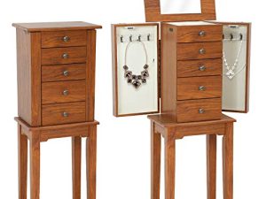 Jewelry Armoire Standing Jewelry Cabinet 5 Drawers 2 Side Doors And 8 Necklace Hooks Wood Storage Cabinet Chest With Top Storage Organizer Flip Mirror (Brown)