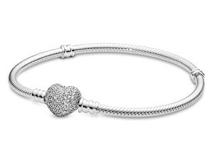 Pandora Jewelry Moments Sparkling Heart Clasp Snake Chain Charm Cubic Zirconia Bracelet