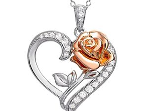 Disney Jewelry for Women - Beauty and the Beast Two Tone Rose and Heart Sterling Silver Pendant Necklace