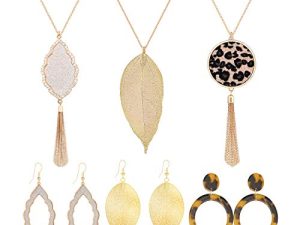 Leopard Print Long Pendant Necklace Dangle Drop Earrings Set for Women Girls Leaf Tassel Necklace Tortoise Shell Acrylic Resin Earrings 6 PCS