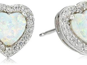 Amazon Collection Sterling Silver Birthstone and Created White Sapphire Halo Heart Stud Earrings