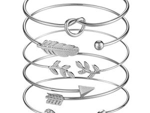 Softones 5pcs Bangle Rose Gold Bracelets for Women Girls Heart|Olive Leaf|Arrow|Feather|Knot Heart Open Cuff Bracelet Set Adjustable